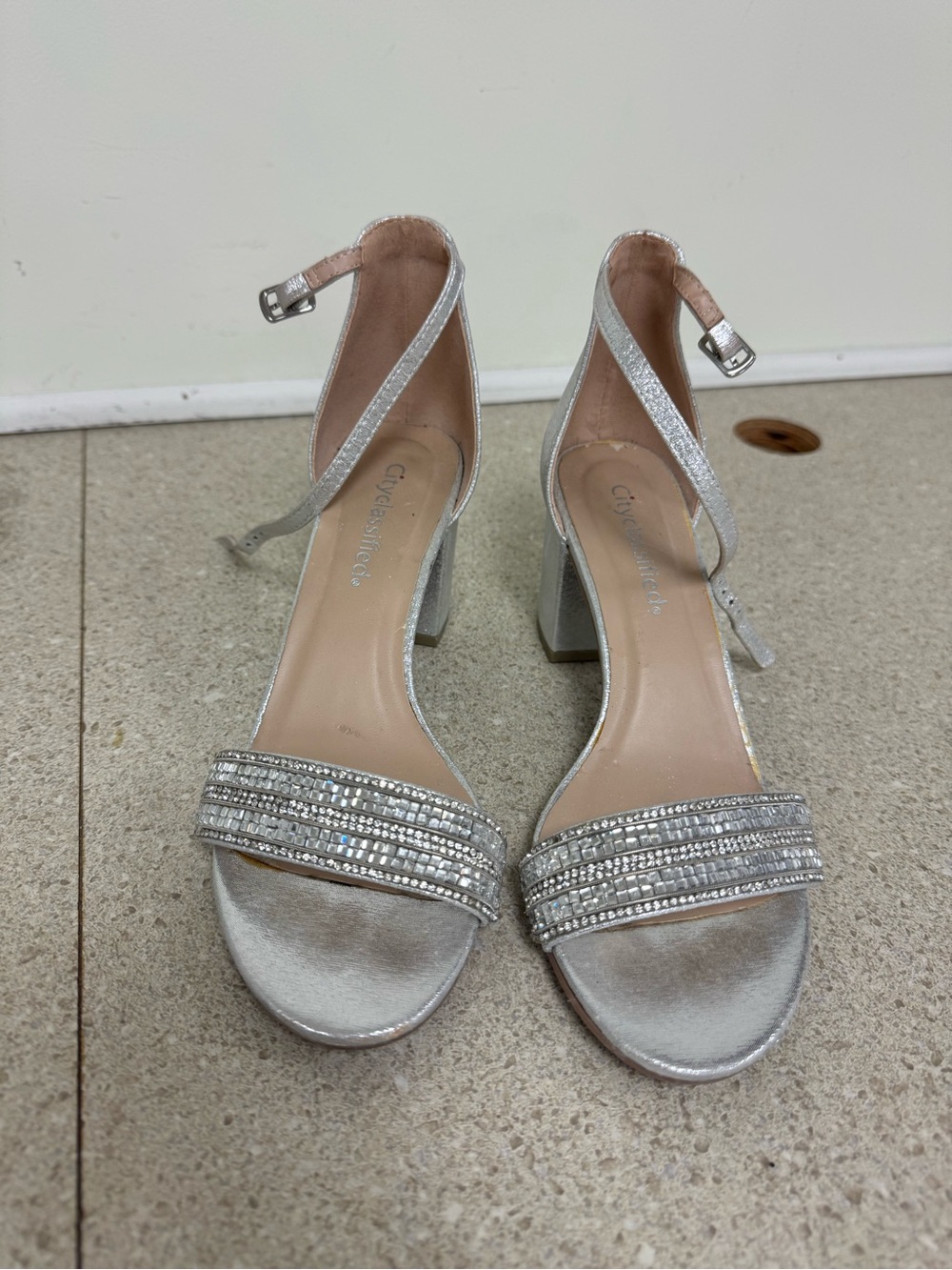 Cityclassified Silver Rhinestone Strap Block Heels
